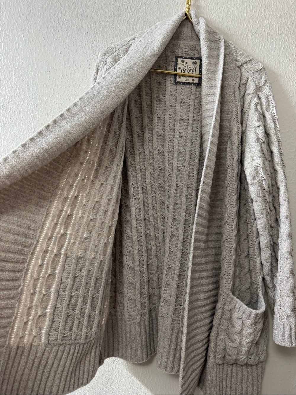 Stay Cozy Sleep Sense Chunky Cable Knit Open Front Cardigan - Light Heather Gray - Picture 4 of 7